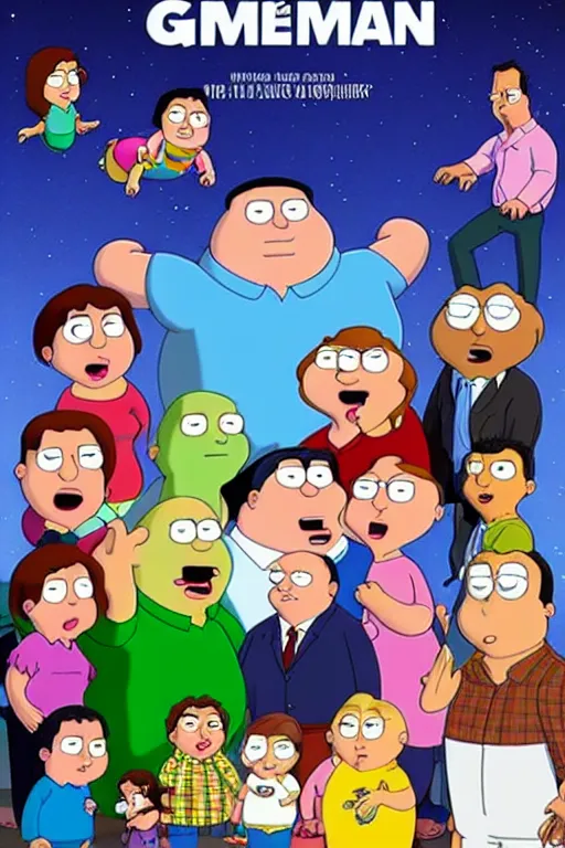 Image similar to live action family guy movie poster