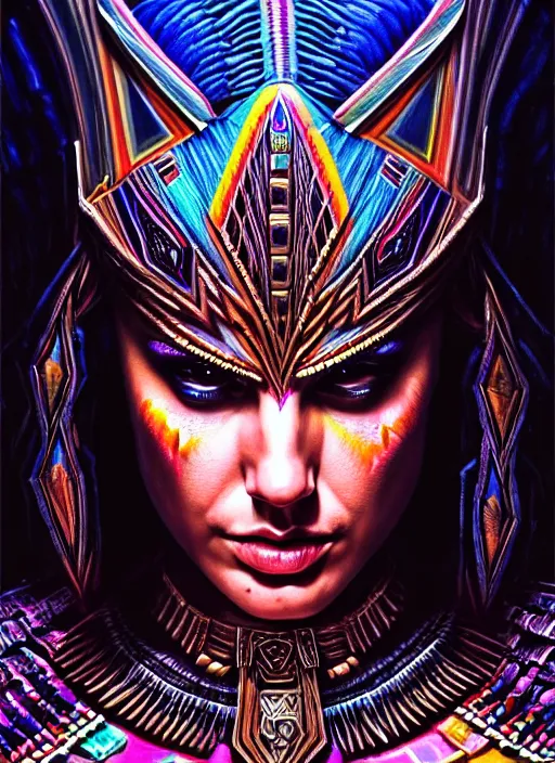 Image similar to portrait of gal gadot, hyper detailed ultra sharp aztec shaman warrior. trending on artstation, warpaint aesthetic, bloodwave, colorful, psychedelic, ornate, intricate, digital painting, concept art, smooth, sharp focus, illustration, art by artgerm and greg rutkowski and h. r. giger, 8 k