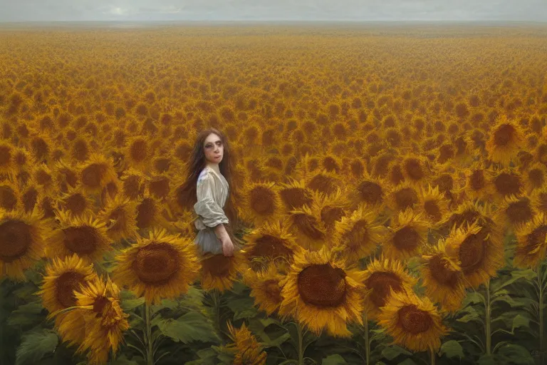 Image similar to a beautiful painting of the sea of sunflowers, girl, by greg rutkowski, trending on artstation