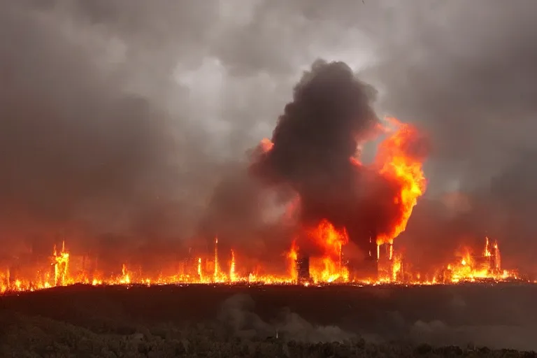 Image similar to a gloomy dystopian industrial complex belching smoke and fire