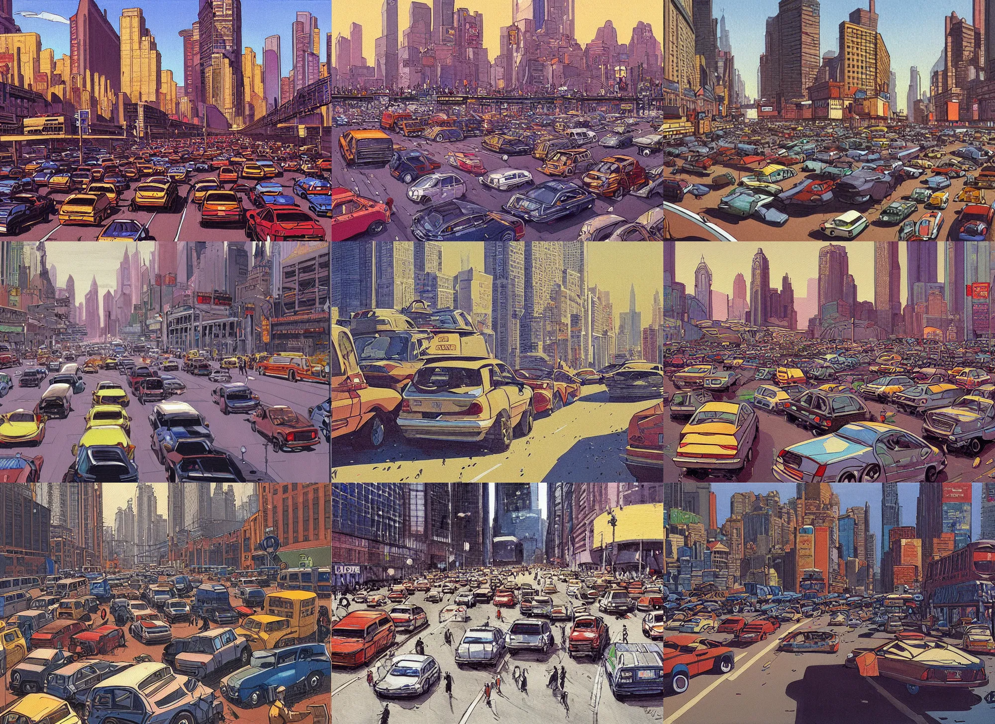 Prompt: a painting of a chaotic morning in the bustling city, cars stuck in traffic, in the iconic style of moebius