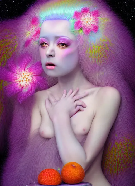 Image similar to hyper detailed 3d render like a Oil painting - kawaii portrait Aurora (white haired Singer Weasle) seen Eating of the Strangling network of yellowcake aerochrome and milky Fruit and Her delicate Hands hold of gossamer polyp blossoms bring iridescent fungal flowers whose spores black the foolish stars by Jacek Yerka, Mariusz Lewandowski, Houdini algorithmic generative render, Abstract brush strokes, Masterpiece, Edward Hopper and James Gilleard, Zdzislaw Beksinski, Mark Ryden, Wolfgang Lettl, hints of Yayoi Kasuma, octane render, 8k