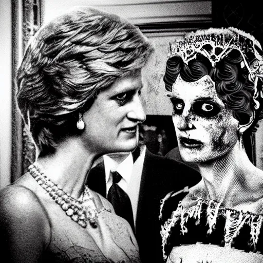Image similar to zombie princess diana and zombie prince philip eating the queen in buckinham palace during the apocalypse cinematic dramatic hdr