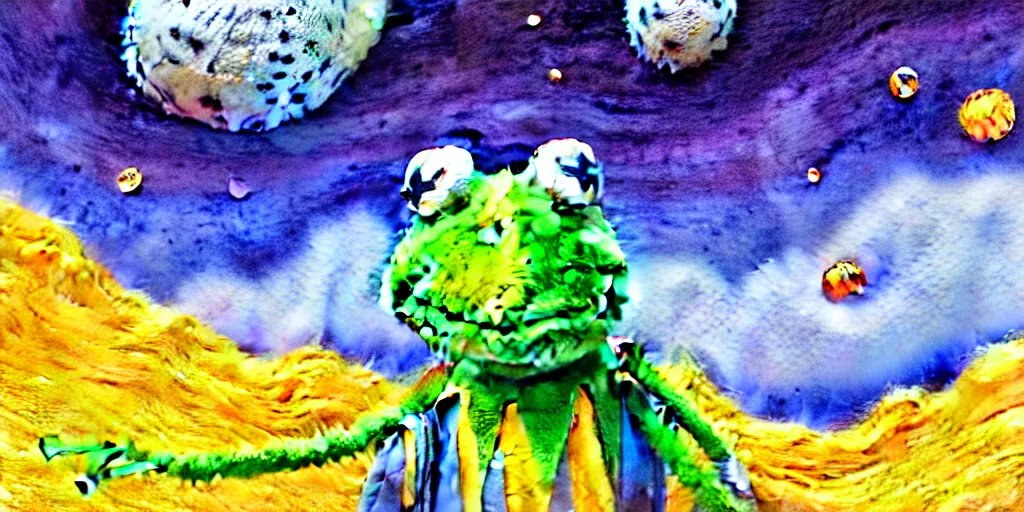 Prompt: a ultradetailed watercolor art of kermit the frog with wool felting clouds illustration by nico delort, alien mountains background, 4 k resolution, matte painting, tarot card style, nasa photo