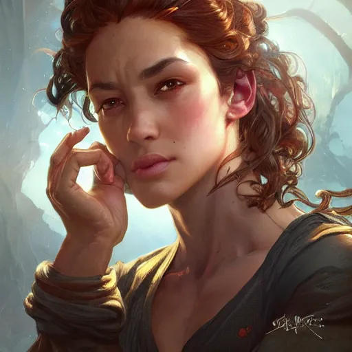 Image similar to beautiful, strong, mixed race, female, aged 4 0, face, head shot, fantasy, highly detailed, digital painting, artstation, concept art, smooth, sharp focus, illustration, art by artgerm and greg rutkowski and alphonse mucha