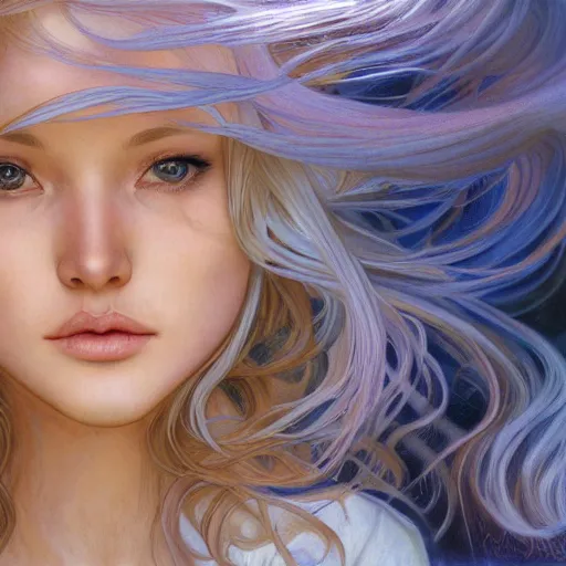 Prompt: A young woman with blonde long hair and bangs in shorts and white shirt drawn by Donato Giancola and Artgerm, face by Adam Hughes, Light by Julie Bell, design by alphonse mucha, background by James Jean and gustav klimt and John Marshall Gamble, 4k, volumetric lighting, french nouveau, trending on artstation, octane render, hyperrealistic