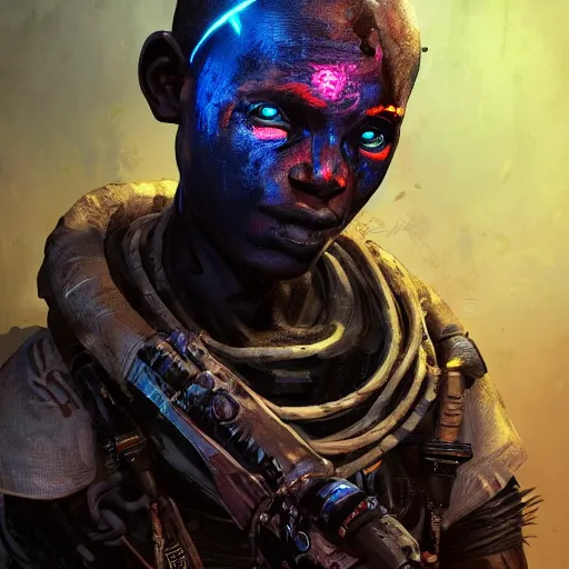 Image similar to a dark and ominous cyborg african child soldier with glowing eyes and facial scarification marks, Apex Legends character digital illustration portrait design, by android jones and greg rutkowski in a cyberpunk voodoo style, synthwave color scheme, detailed, cinematic lighting, wide angle action dynamic portrait