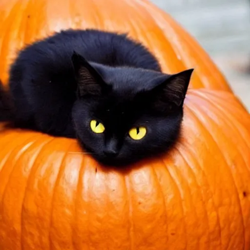 Prompt: a singular black cat resting on top of a pumpkin, simple, cute