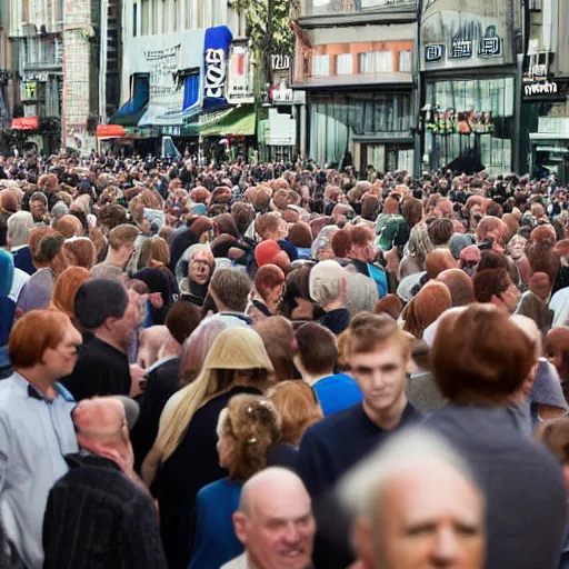 Image similar to a 7 foot tall, ginger, balding middle aged man walking among the crowd