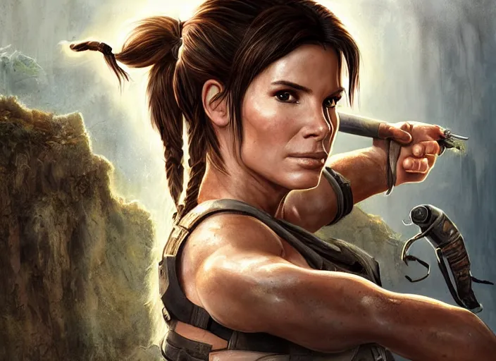 Prompt: face portrait of concentrated young Sandra Bullock as Lara Croft with pig-tails entering an incredible epic ruin, glorious sun beams, intricate, elegant, highly detailed, digital painting, short focus, illustration, Allan Lee, John Howe