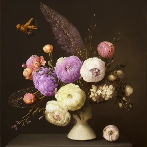 Image similar to still - life of bouquet of lilac and ranunculus with honeycomb bees and birds feathers, rachel ruysch, dark, moody