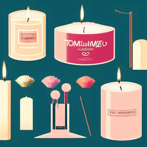 Prompt: illustration with a set of beautiful scented candles by tomer hanuka, an art deco painting by tom whalen, interior, trending on behance, grainy texture, flat shading, vector art, airbrush, pastel, watercolor, poster