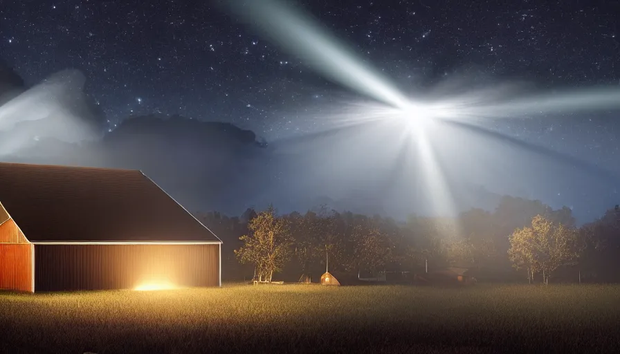 Image similar to a ufo emitting a beam of light floats over a barn with a broken roof, debris is ascending toward the ufo, volumetric lighting, night, photorealistic rendering, color palette, 8 k, hyperdetailed