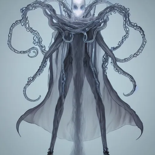 Image similar to concept designs for an ethereal ghostly wraith like figure with a squid like parasite latched onto its head and long tentacle arms that flow lazily but gracefully at its sides like a cloak while it floats around a frozen rocky tundra in the snow searching for lost souls and that hides amongst the shadows in the trees, this character has hydrokinesis and electrokinesis for the resident evil village video game franchise with inspiration from the franchise Bloodborne and the mind flayer from stranger things on netflix