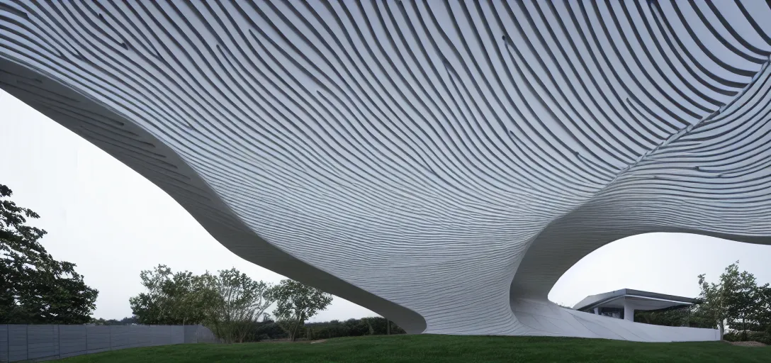 Prompt: sculptural curved roof planes lift and descend creating shade and architectural expression, boolean subtraction dramatic void form, highly detailed, vivid color, mist, dusk