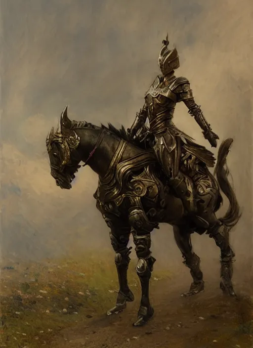 Image similar to portrait of one full body girl medieval chines armor and one metal horse poses by gaston bussiere, anna nikonova aka newmilky, greg rutkowski, yoji shinkawa, yoshitaka amano, tsutomu niehi, impressionism, monet,