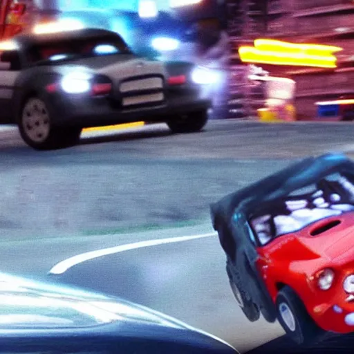 Prompt: vin diesel driving a children toy car, action movie, realistic, hd, 8 k, cinematic, car chase