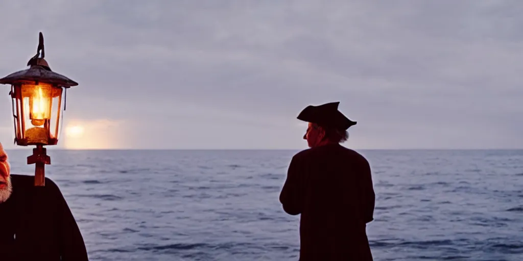 Image similar to film still of closeup old man holding up lantern by his beach hut at night. pirate ship in the ocean by emmanuel lubezki