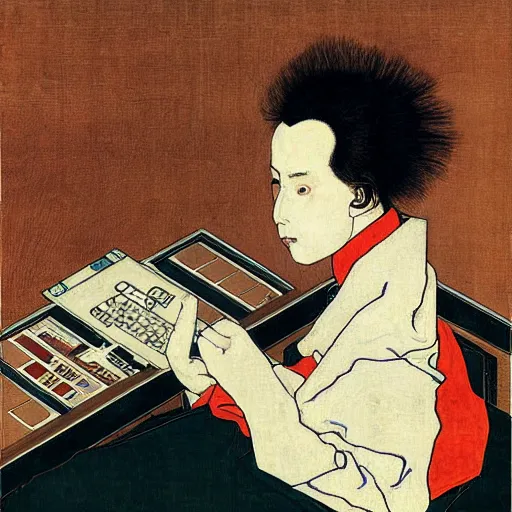 Prompt: creative coder with a computer in 2022, by egon schiele in Ukiyo-e style, portrait, colorfull, detail