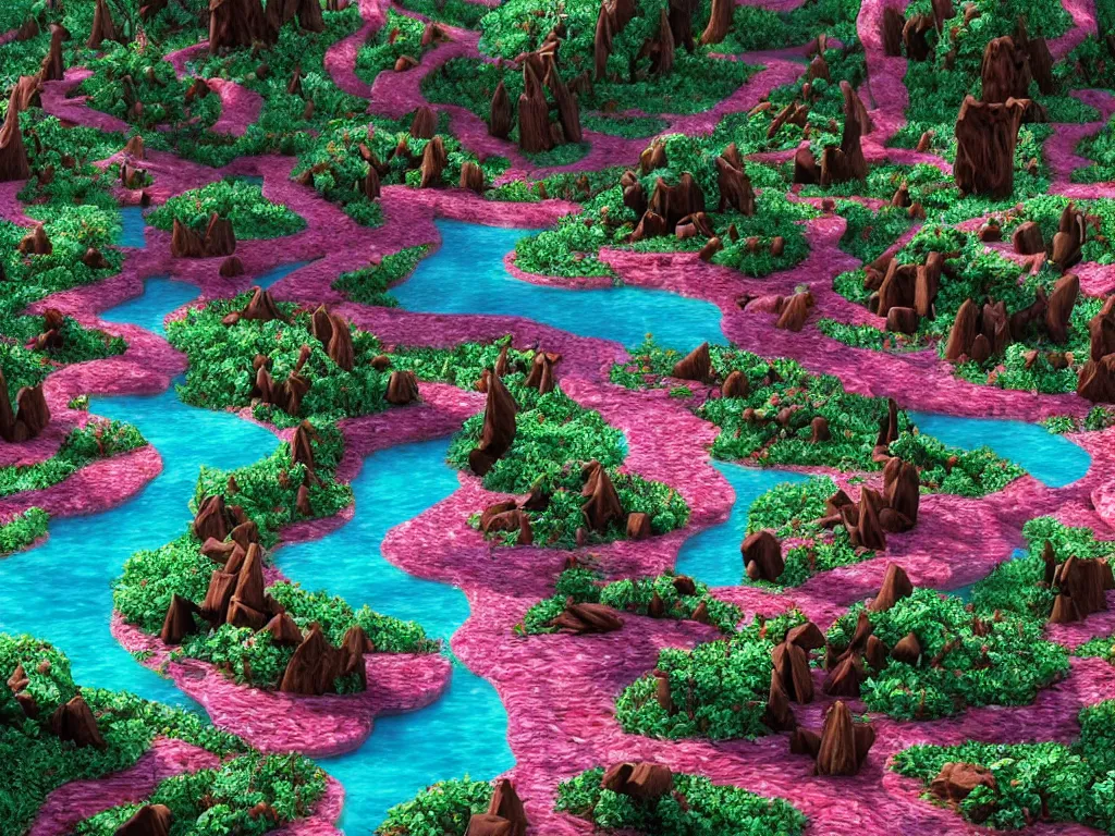 Image similar to an ultra realistic dream landscape of a chocolate river, trees made of candies, cotton candy bushes roads made of buiscuits, fairy landscape, octane render, fairytail, unreal engine, 4 k, masterpiece, tilt shift, david lachapelle, alice in wonderland, trending on artstation,