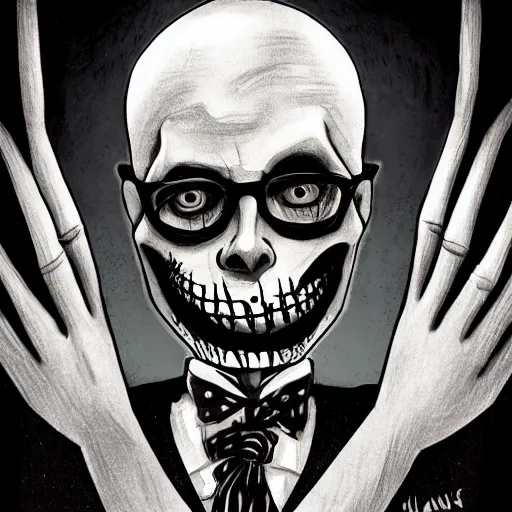 Image similar to grunge drawing of Klaus Schwab in the style of jack skellington and Jacob Shaw,creepy, surreal, trending on artstation, bold and vivid colour