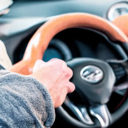 Prompt: extremely muscular hand gripping a steering wheel tightly, first person pov, detailed, inside car