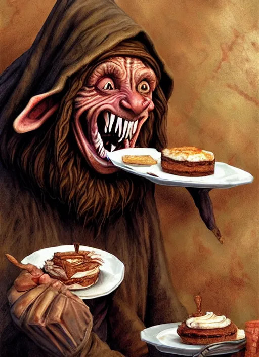 Image similar to portrait of a medieval goblin eating cakes in the cloisters, beautiful face, hyper realistic, highly detailed digital painting by earl norem, artstation illustration co