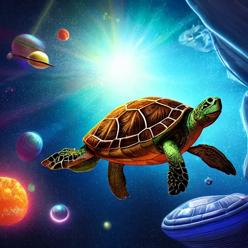 Image similar to giant turtle in space, giant turtle inside water, turtle glacier, 3 d render, high - quality image, turtle world, waterbodies, soft, concept art, intricate details, realistic, turtle machine, highly detailed, colorful, photorealistic, disney pixar, octane render, iridescent, anime, 8 k