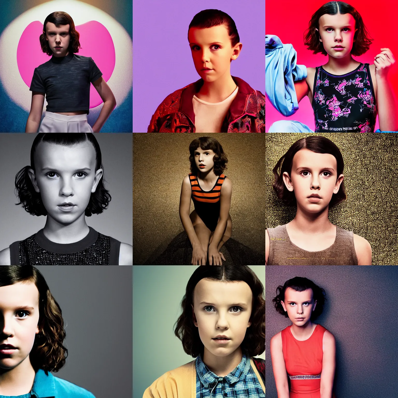 Prompt: Millie Bobby Brown, new Stranger Things Season, photograph, black background, swimsuit, posing, 4k photo, famous photograph