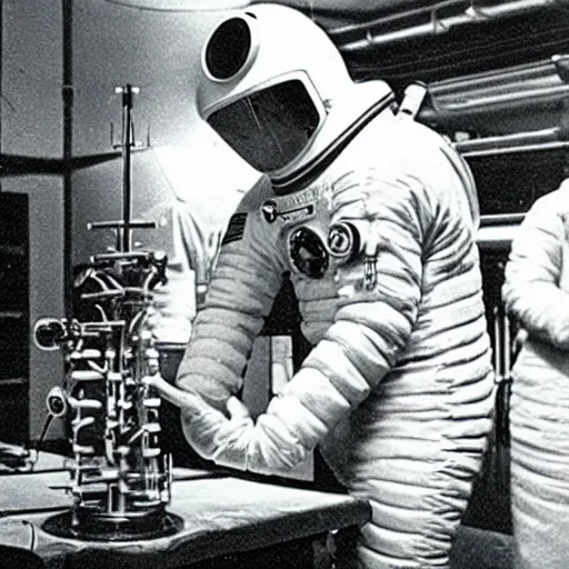 Prompt: old photograph of an astronaut in a futurist lab doing occult experiments on an alien