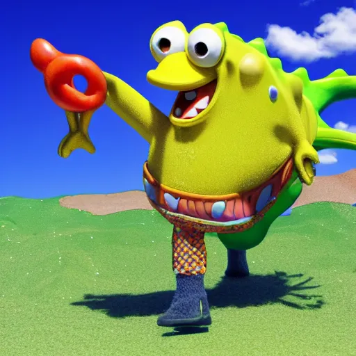 Image similar to spongebob squarepants riding a dinosaur, 3 d render, high quality, realistic, photorealistic