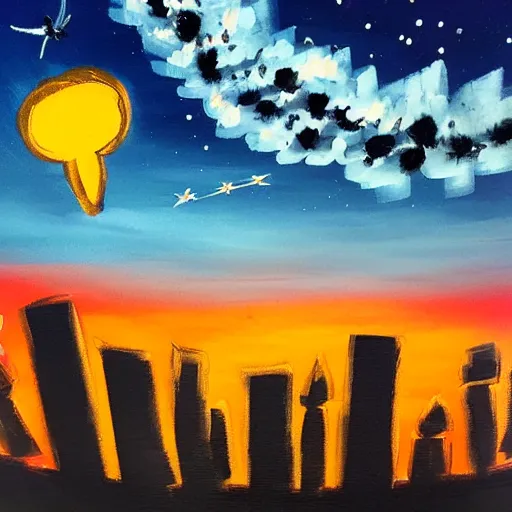 Image similar to paint acrylic a bird fly in the sky in the night over a town