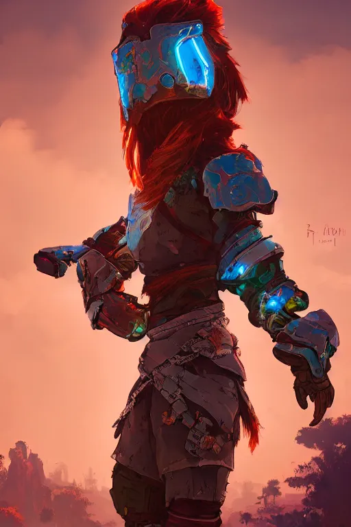 Image similar to combination suit armor aloy horizon forbidden west horizon zero dawn radiating a glowing aura global illumination ray tracing hdr fanart arstation by ian pesty and alena aenami artworks in 4 k tribal robot ninja mask helmet backpack