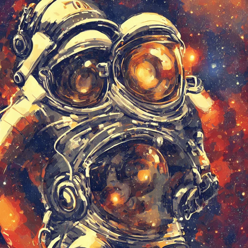 Image similar to a detailed single astronaut helmet wearing a headphone by jack kirby, digital painting, digital art, beautiful, dynamic lighting, cinematic, epic composition, masterpiece