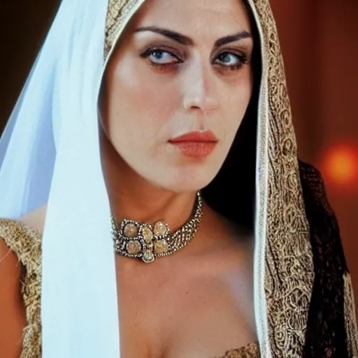 Image similar to Monica Belluci as an Arab woman, tanned skin, bright blue eyes, white veil