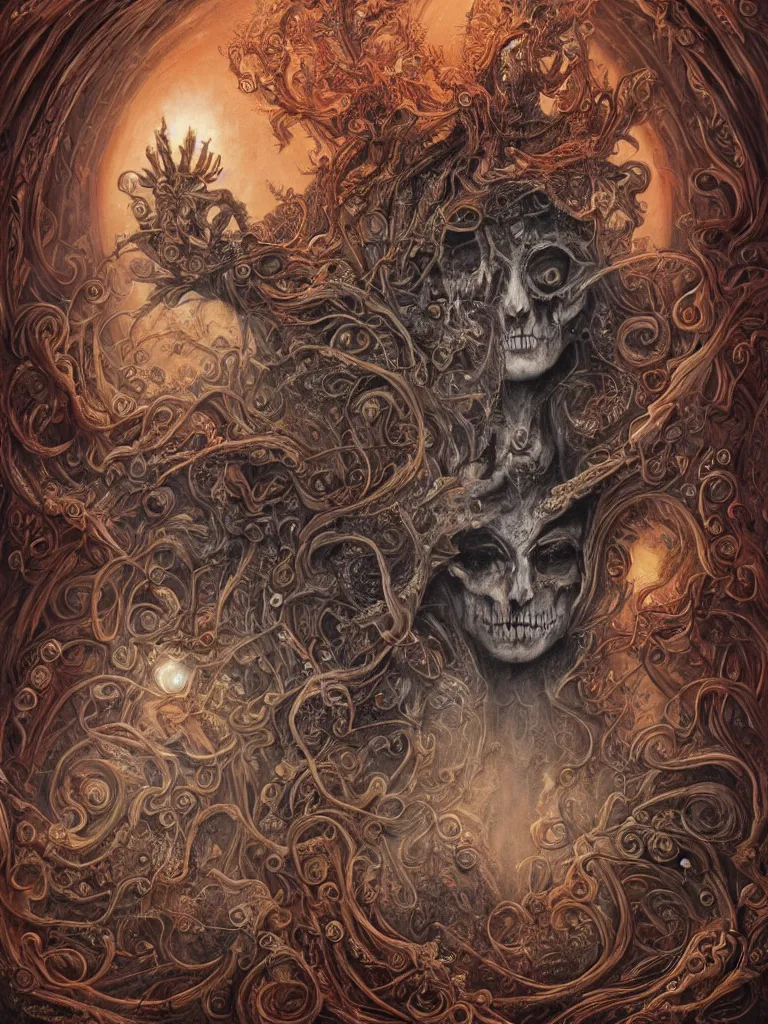 Image similar to A beautiful detailed orixa, tarot card, by tomasz alen kopera and Justin Gerard, symmetrical features, ominous, magical realism, texture, intricate, ornate, royally decorated, skull, skeleton, whirling smoke, embers, red adornements, red torn fabric, radiant colors, fantasy, trending on artstation, volumetric lighting, micro details, 3d sculpture, ray tracing, 8k, anaglyph effect