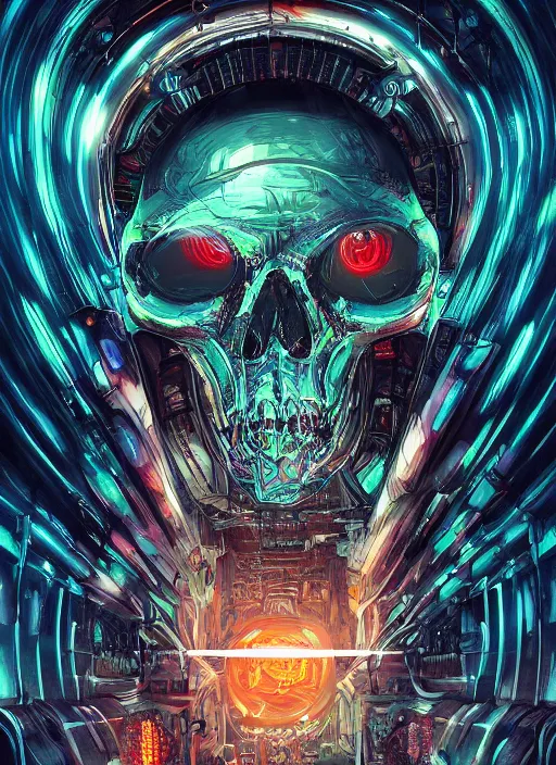 Image similar to a futuristic skull with glowing eyes and a wormhole tunnel cyberpunk art by android jones, featured on artstation, darksynth, synthwave