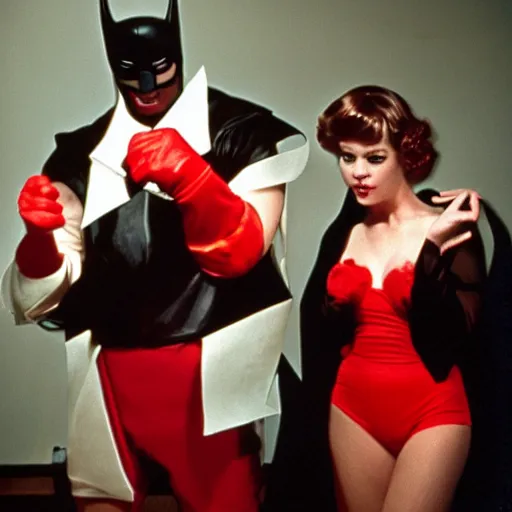 Image similar to maxwell smart wrestling batman in the cone of silence. dark room red gloves. icecream on the floor. from stanley kubrick movie