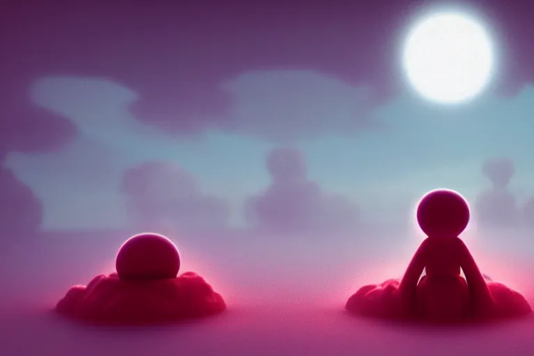 Prompt: a cute alien sitting on a cloud relaxing, misty, glows, blender render, hazy, foggy, red lighting,