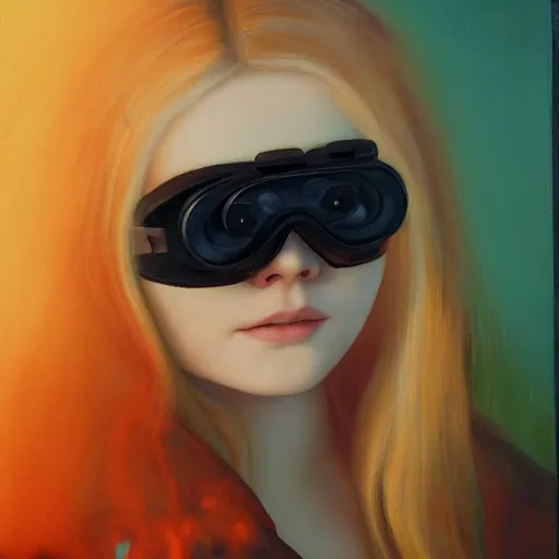 Prompt: portrait of a elle fanning wearing night vision goggles surrounded by orange glowing flames, detailed realism face in painting, detailed beautiful portrait, oil painting masterpiece, 8 k resolution, smooth, sharp focus, trending on artstation, by rembrandt