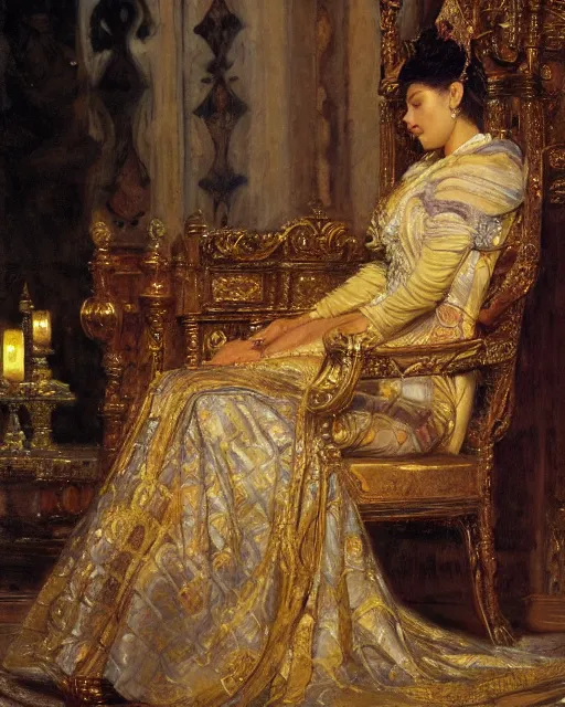 Prompt: an illustration of a queen on a throne at night by frederick arthur bridgman, realistic, detailed, oil painting, 1 9 th