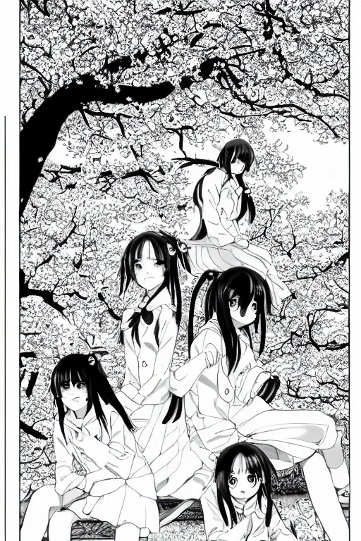 Image similar to black and white manga page, highly detailed pen, shoujo romance, two girls, first girl with long dark hair, second girl with short light hair, sailor uniform, sitting on bench, cherry blossom tree in background with petals floating, drawn by Atsushi Ohkubo