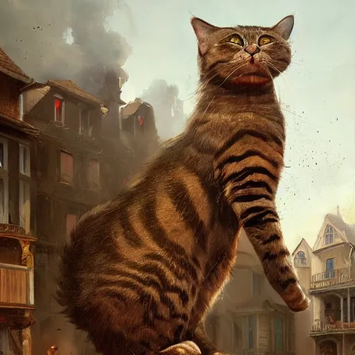 Prompt: a highly detailed oil painting of a giant cat smashing houses, renaissance, bystanders watching from the sides, 4 k, by greg rutkowski, artstation,