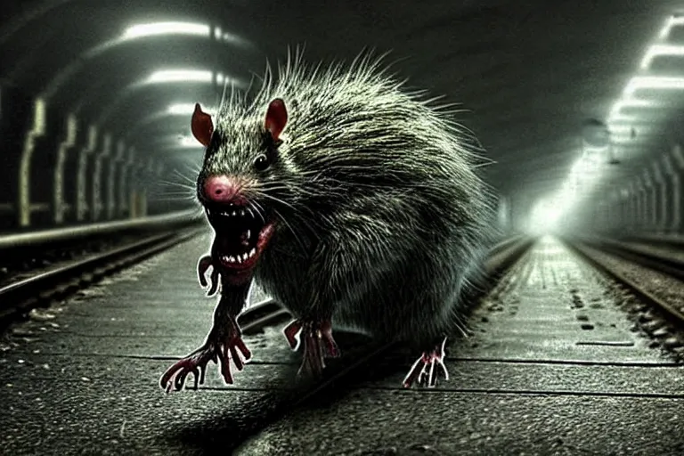 Image similar to very large giant mutant zombie irradiated ( angry rat ) staying on railways in tonnel of moscow subway. tonnel, railways, giant angry rat, furr, fangs, claws, very realistic. fog, silent hill style, extreme long shot, herman nitsch, giger.