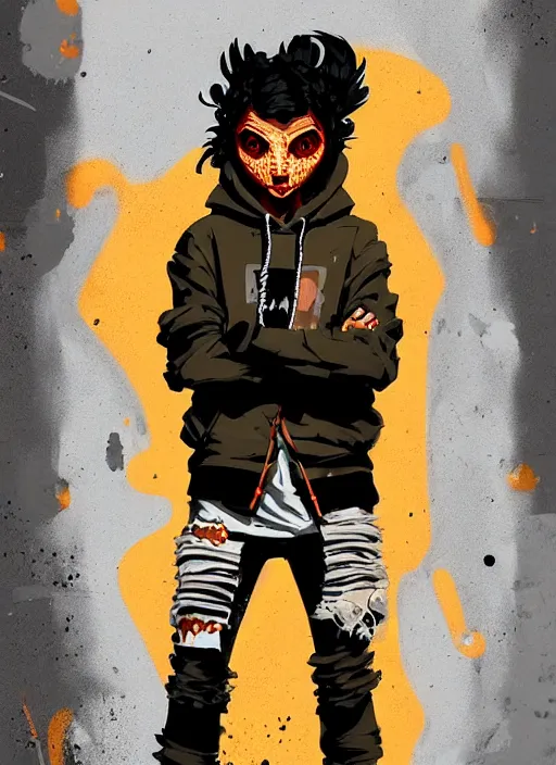 Image similar to highly detailed portrait of a sewer punk ricardo milos, tartan hoody, ringlet hair by atey ghailan, by greg rutkowski, by greg tocchini, by james gilleard, by joe fenton, by kaethe butcher, gradient orange, black, cream and white color scheme, grunge aesthetic!!! ( ( graffiti tag wall background ) )