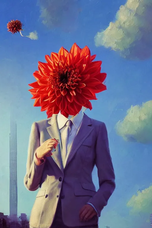 Image similar to closeup giant dahlia flower head, girl in a suit, in a city, surreal photography, blue sky, sunrise, dramatic light, impressionist painting, digital painting, artstation, simon stalenhag