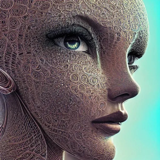 Image similar to beatifull frontal face portrait of a woman, 150mm, chromatic aberration, mandelbrot fractal, intricate, elegant, highly detailed, ornate, ornament, sculpture, elegant , luxury, beautifully lit, ray trace, octane render in the style of peter Gric and alex grey