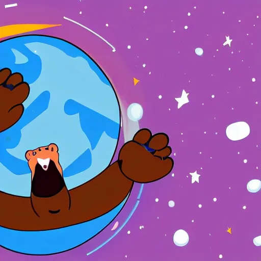 Image similar to cartoon animated illustration of a bear mascot being launched from a futuristic marble planet, purple and orange cloudland