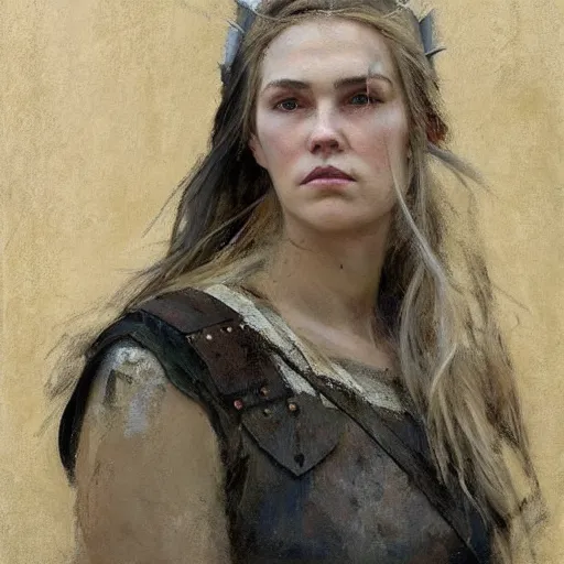 Image similar to Richard Schmid and Jeremy Lipking full length portrait painting of A shield-maiden (Old Norse: skjoldmø [ˈskjɑldˌmɛːz̠]) was a female warrior from Scandinavian folklore and mythology. Shield-maidens are often mentioned in sagas such as Hervarar saga ok Heiðreks and in Gesta Danorum. They also appear in stories of other Germanic peoples: Goths, Cimbri, and Marcomanni.[1] The mythical Valkyries may have been based on such shield-maidens. She carries a shield on one arm, and a spear in her other hand