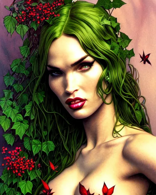 Image similar to closeup portrait of poison ivy megan fox, beautiful succubus, intricate, flowers, hyperrealism, intense, dmt, artgerm, moebius, glamour pose, arney freytag, greg rutkowski, maxfield parrish, dan mumford, moebius, alphonse mucha